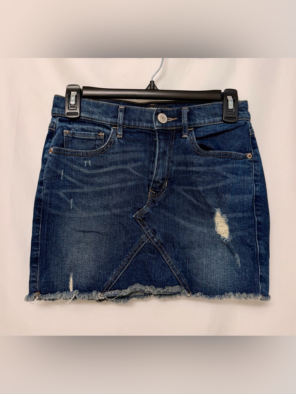 Express Distressed Raw Hem Denim Mini Skirt Size 00 Dark Wash Stretch Jean Skirt